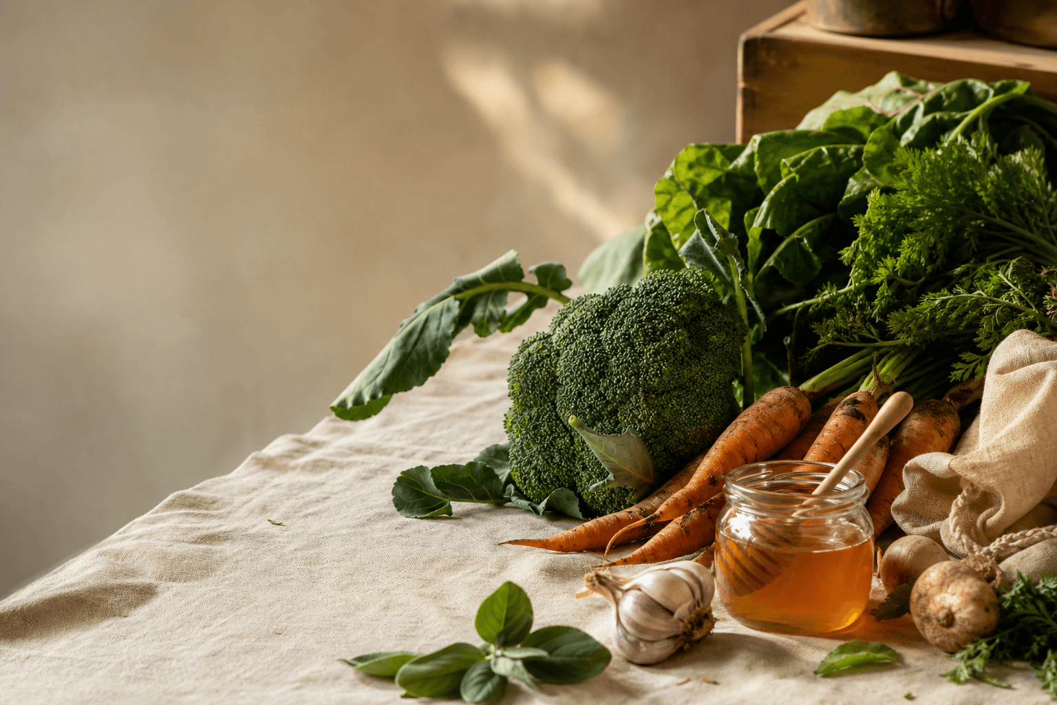 Fresh vegetables and honey on a linen table in warm morning light