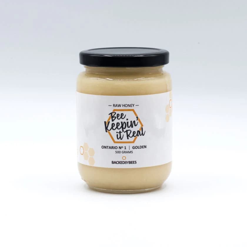 Backed By Bees raw honey jar — Bee Keepin' it Real, 500 g Ontario No. 1 golden
